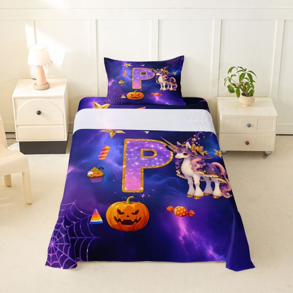 Manfei Happy Halloween Initial P Twin Sheets,Autumn Pumpkin Bedding,Purple,3 Pieces,1 Fitted Sheet and 1 Pillowcase