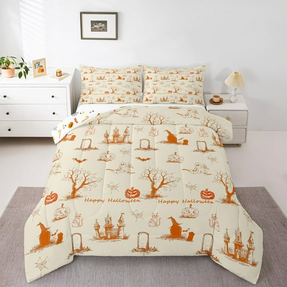 Manfei Happy Halloween King Size Comforter Sets,Ghost Pumpkin Lantern Bedding Comforter Set,Spooky Castle Bedding Set For Girls Boys,Super Cozy Room Decor Reversible,3-Piece