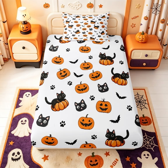 Manfei Happy Halloween Pattern Twin Fitted Sheet,Funny Pumpkin Lantern Bedding,2pcs,1 Fitted Sheet and 1 Pillowcase