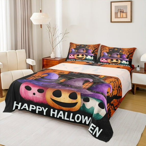 Manfei Happy Halloween Print Twin Sheet Sets for Kids, Pumpkin Lantern Twin Fitted Sheet, Witch Castle Flat Sheet, Lightweight Room Decor 3 Pieces