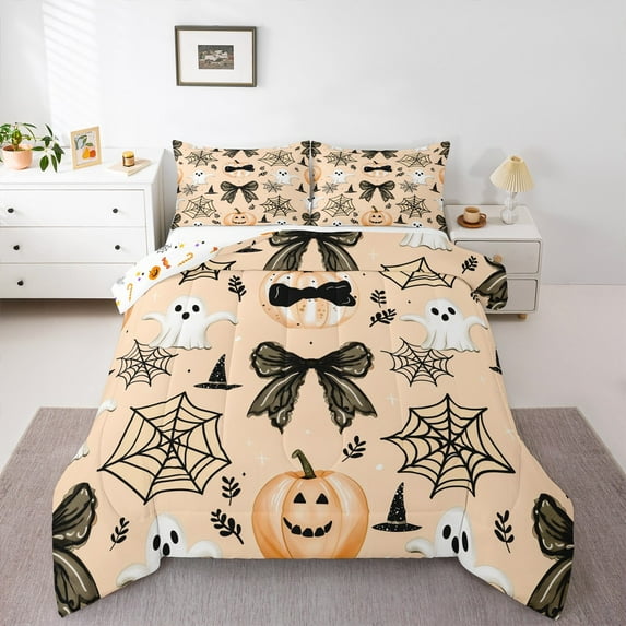Manfei Happy Halloween Queen Comforter Set,Horror Ghost Spider Webs Bedding Sets,Orange Black Bedding Comforter Set For Boys Kids ,Luxury Bedroom Decor Reversible,3 Pieces