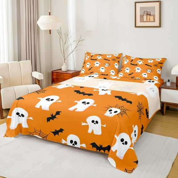 Manfei Happy Halloween Queen Sheet Sets, Kawaii Cartoon Ghost Pumpkin Flat Sheet, Gothic Spider Web Queen Fitted Sheet, Super Cozy Room Decor, 4-Piece