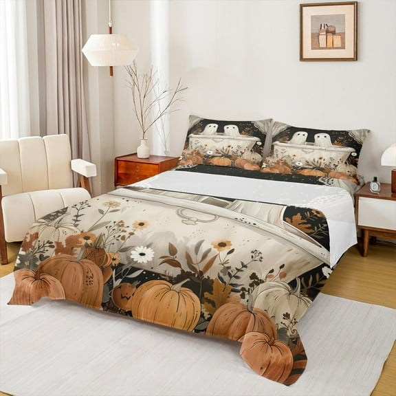 Manfei Halloween Queen Sheet Set, Ghost Pumpkin Flower 4-Piece Bedroom Decor