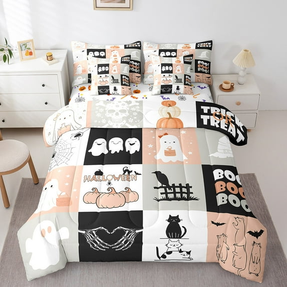 Manfei Happy Halloween Twin Bedding Sets 7-Piece,Cute Ghost Cat Bedding Comforter Set 7-Piece,Patchwork Geometric Grid Sheet Sets For Boys Kids,Ultra Soft Room Decorative Reversible