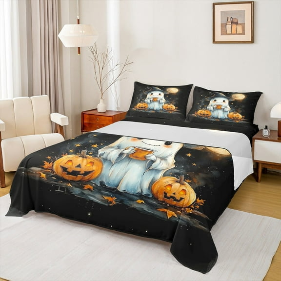 Manfei Happy Halloween Twin Sheet Sets,Orange Pumpkin Maple Bedding Twin Size,Kawaii Ghost Bed Sheets Set Twin Size,Lightweight Bedroom Decor,3-Piece