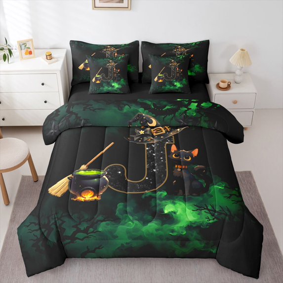 Manfei Happy Halloween Witch Hat 7-Piece Twin Bedding,Lovely Alphabet J Bedding Comforter Set,Green,Black Reversible