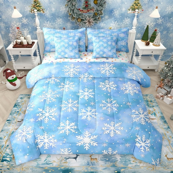 Manfei Happy New Year 7-Piece Twin Bedding Sets,Xmas Christmas Snowflake Bedding Comforter Set,White Blue Sheet Sets For Boys Kids,Ultra Soft Home Decor Reversible