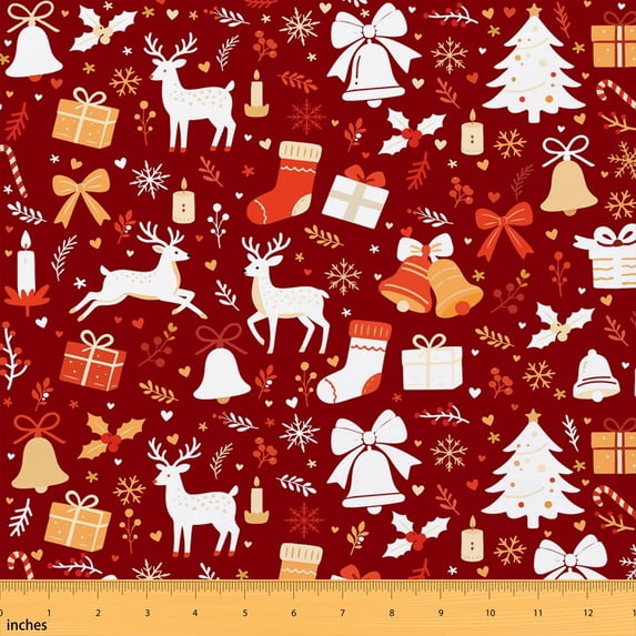 Manfei Happy New Year Fabric by the Yard 3 Yards, Cartoon Deer Christmas Tree Room Decor Fabric by the Yard, Burgundy White