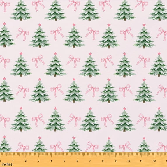 Manfei Happy New Year Fabric by the Yard 3 Yards, Cartoon Xmas Tree Bowtie Room Decor Fabric by the Yard, Soft Pink Mint Green