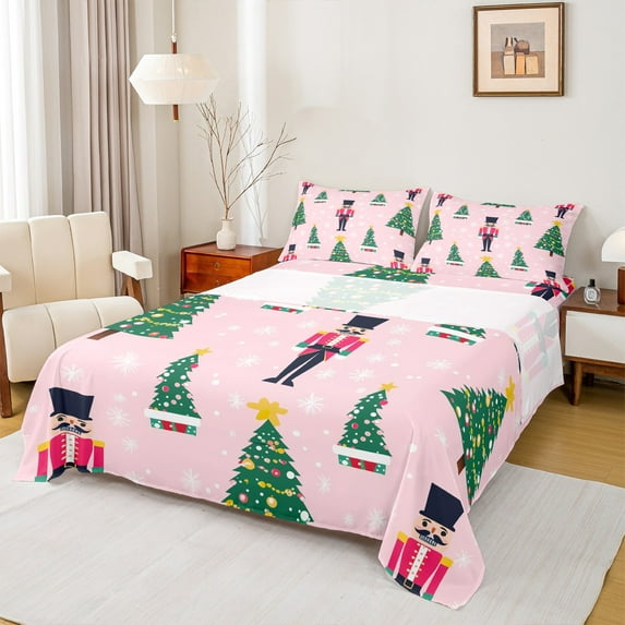 Manfei Happy New Year Twin Sheet Sets,Christmas Nutcraker Soldier Twin Fitted Sheet,Green Xmas Tree Flat Sheet For Teens,Ultra Soft Home Decor,3pcs