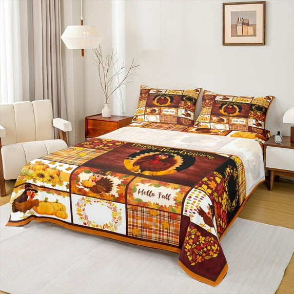 Manfei Happy Thanksgiving Bed Sheets,Turkey Sunflower Pumpkin King Sheets,Hello Fall Sheet Set For Child,Luxury Bedroom Decor,4-Piece
