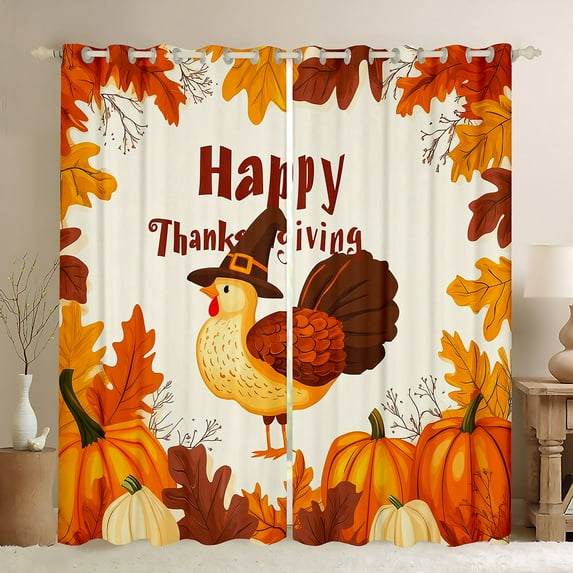 Manfei Happy Thanksgiving Black Out Curtains,Cute Turkey Curtains Pack of 2 (42x63 Each),Rustic Pumpkin Maple Bedroom Curtains For Girl Kids,Luxury Bedroom Decor