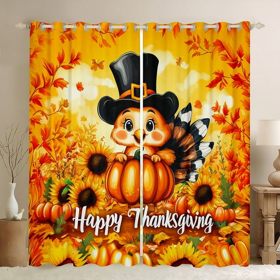 Manfei Happy Thanksgiving Turkey Black Out Curtains,Fall Flower Sunflower Curtains Pack of 2 (42x63 Each),Autumn Pumpkin Bedroom Curtains For Teens,Microfiber Bedroom Decor
