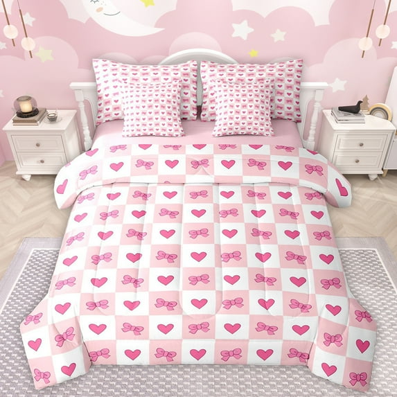 Manfei Happy Valentine'S Day 7-Piece Twin Bedding Sets,Cute Bowtie Bow Bedding Comforter Set,Pink Loves Print Sheet Sets For Girls Kids,Ultra Soft Home Decor Reversible