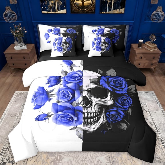 Manfei Happy Valentine'S Day 7pcs Bedding Comforter Set,Gothic Skull Skeleton Queen Bedding Sets,Blue Floral Flowers Queen Sheet Sets For Adults,Microfiber Bedroom Decor Reversible