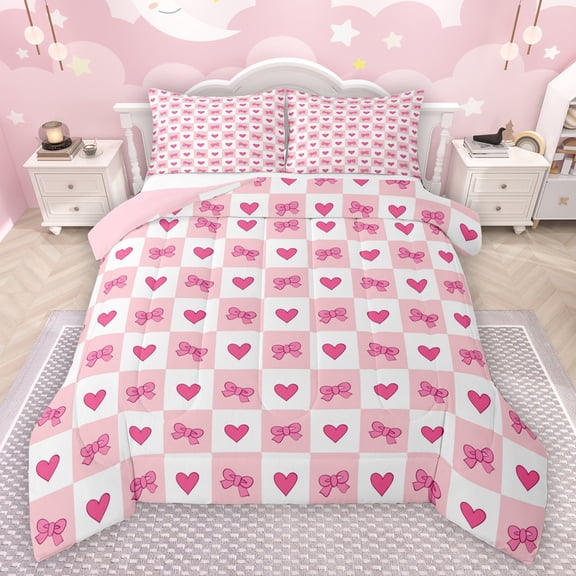 Manfei Happy Valentine'S Day Bedding Comforter Set,Cute Bowtie Bow Twin Comforter Sets,Pink Loves Print Bedding Set For Girls Kids,Ultra Soft Home Decor Reversible,2pcs