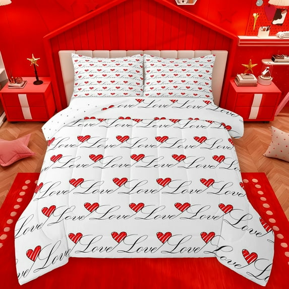 Manfei Happy Valentine'S Day Bedding Comforter Set,Cute Loves Pattern Twin Comforter Sets,Red White Bedding Set For Men Women,Super Cozy Room Decor Reversible,2 Pieces