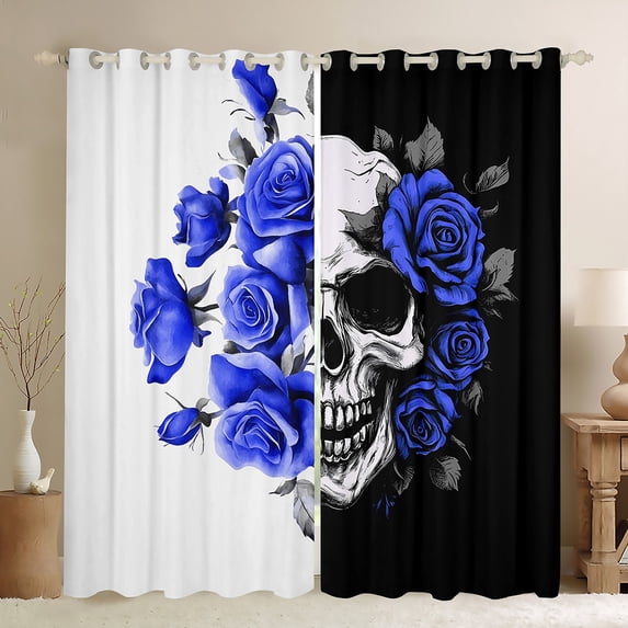Manfei Happy Valentine'S Day Blackout Curtains Set of 2 (52x84 Each),Gothic Skull Skeleton Window Curtains,Blue Floral Flowers Curtains and Drapes For Adults,Microfiber Bedroom Decor