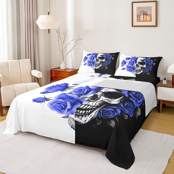 Manfei Happy Valentine'S Day Full Size Sheets,Gothic Skull Skeleton Bed Sheets,Blue Floral Flowers Sheet Sets For Adults,Microfiber Bedroom Decor,4pcs
