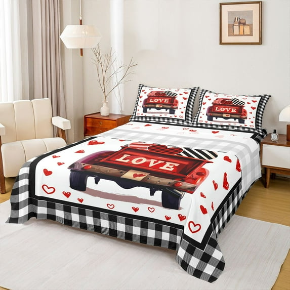 Manfei Happy Valentine'S Day Twin Sheet Sets,Red Graffiti Hearts Twin Fitted Sheet,White Black Checkered Flat Sheet For Girl,Breathable Home Decor,3 Pieces