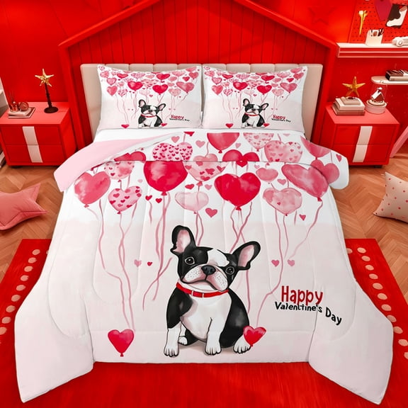 Manfei Happy Valentines Day Bedding Comforter Set, Cartoon Cute Dog Twin Comforter Sets, Watercolor Love Heart Balloon Reversible Bedding Set, Breathable Home Decor, 2 Pieces