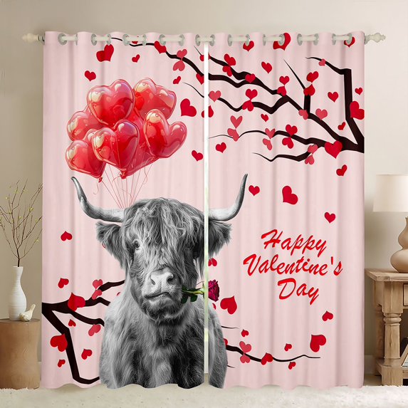 Manfei Happy Valentines Day Black Out Curtains,Gray Highland Cow Curtains Pack of 2 (42x63 Each),Red Loves Pattern Bedroom Curtains For Adults,Microfiber Bedroom Decor