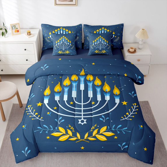 Manfei Happy Western Chanukah Bedding Comforter Set 7 Pieces, Hanukkah Party Full Bedding Set, Blue Leaf Plant Botanical Reversible Fitted Sheet Flat Sheet, Ultra Soft Bedroom Decor