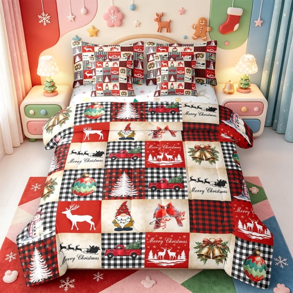Manfei Happy Xmas 7-Piece King Bedding,Antique Pink Christmas King Bed in a Bag,Xmas Reversible