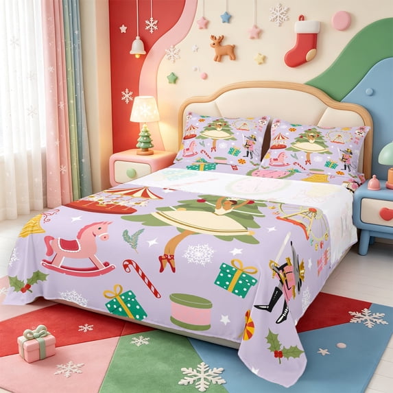 Manfei Happy Xmas Bed Sheets,Shabby-Chic Pink Christmas Full Size Sheets,4pcs,1 Flat Sheet,1 Fitted Sheet and 2 Pillowcases