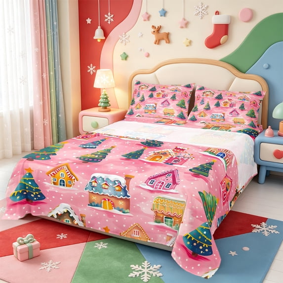 Manfei Happy Xmas King Sheets,Cute Christmas Gift Box Bedding,4 Pieces,1 Flat Sheet,1 Fitted Sheet and 2 Pillowcases
