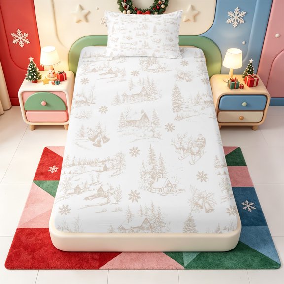 Manfei Happy Xmas Twin Fitted Sheet,Cartoon Christmas Animals Bedding,2pcs,1 Fitted Sheet and 1 Pillowcase