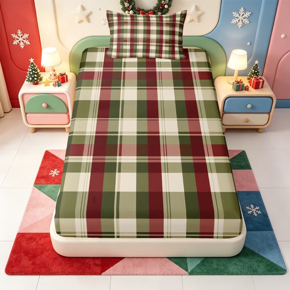 Manfei Happy Xmas Twin Fitted Sheet,Cartoon Christmas Elf Bedding,2pcs,1 Fitted Sheet and 1 Pillowcase