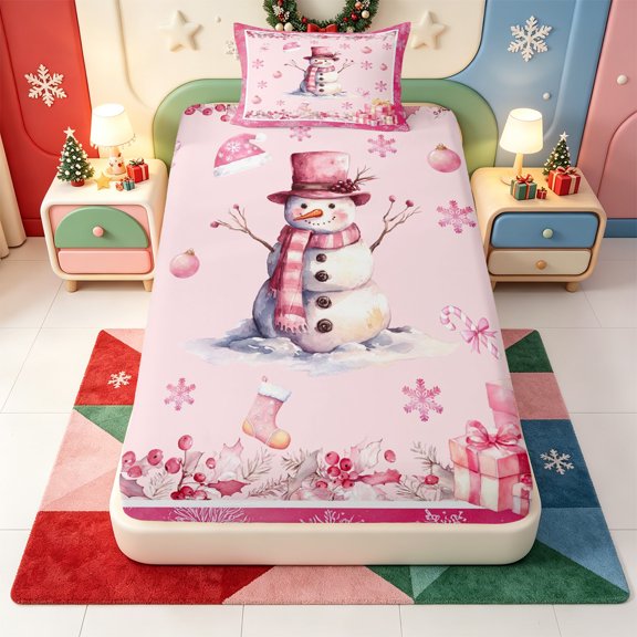 Manfei Happy Xmas Twin Fitted Sheet,Retro Pink Christmas Bedding,2 Pieces,1 Fitted Sheet and 1 Pillowcase
