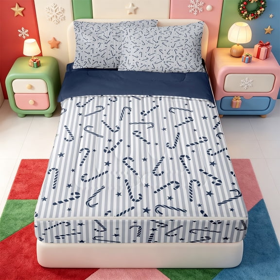 Manfei Happy Xmas Zipper Queen Comforter Set with Fitted Sheet and 2 Pillowcases,Cute Christmas Candy Cane Zipper Bedding Set,Navy Blue Reversible,4 Pieces