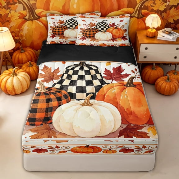 Manfei Harvest Checker Pumpkin Zipper Twin Comforter Sets with Fitted Sheet and 2 Pillowcases for Kids, Autumn Maple Leaf Zipper Bedding Set, Black Reversible, 4 Pieces