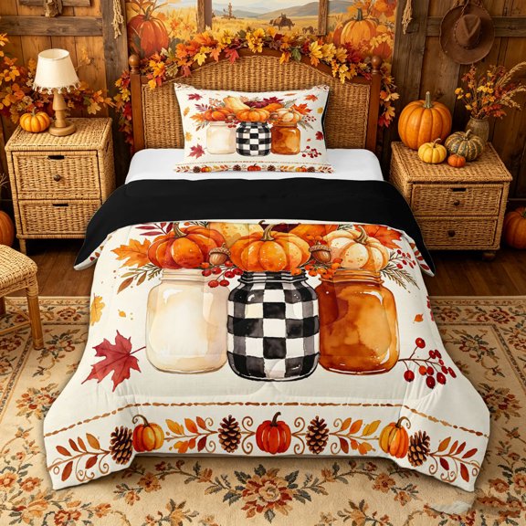 Manfei Harvest Fall Pumpkin Twin Comforter Sets for Kids, Rustic Autumn Berry Pinecone Bedding Set, Black Reversible, 2pcs, 1 Comforter and 1 Pillowcase