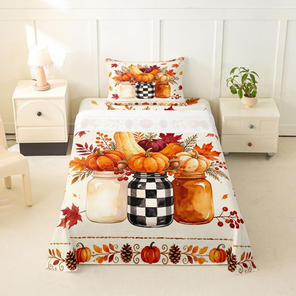 Manfei Harvest Fall Pumpkin Twin Sheets for Kids, Rustic Autumn Berry Pinecone Bedding, 3pcs, 1 Flat Sheet, 1 Fitted Sheet and 1 Pillowcase