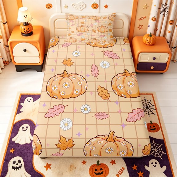 Manfei Harvest Maple Leaf Print Twin Fitted Sheet,Watercolor Pumpkin Print Bedding,2pcs,1 Fitted Sheet and 1 Pillowcase