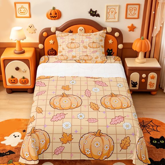 Manfei Harvest Maple Leaf Print Twin Sheets,Watercolor Pumpkin Print Bedding,3pcs,1 Flat Sheet,1 Fitted Sheet and 1 Pillowcase
