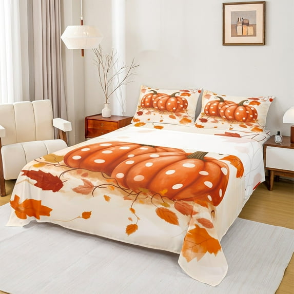 Manfei Harvest Pumpkin Bed Sheets Set King Size, Orange Maple Leaf Bedding King Size, Fall Autumn King Sheet Sets, Super Cozy Room Decoration, 4 Pieces