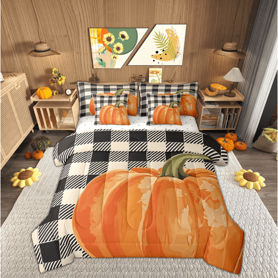 Manfei Harvest Pumpkin Bedding King Size, Happy Thanksgiving Bedding Sets King Size, Rustic Plaid Reversible Comforter Sets with Sheets, Super Cozy Room Decoration, 7-Piece