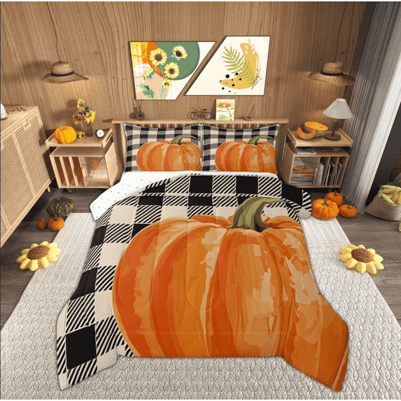Manfei Harvest Pumpkin Bedding Sets Queen with Comforter, Happy Thanksgiving Comforter Sets Queen Size, Rustic Plaid Reversible Down Comforter, Super Cozy Room Decoration, 3-Piece