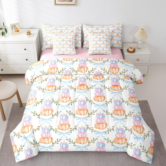 Manfei Harvest Pumpkin Child Bedding Comforter Set 7pcs, Kawaii Ribbon Bow Queen Bedding Sets, Cartoon Theme Reversible Queen Sheet Sets, Microfiber Bedroom Decor