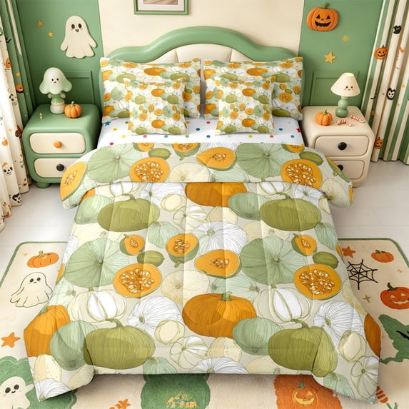 Manfei Harvest Pumpkin Print 7pcs Queen Bedding,Watercolor Pumpkin Print Bedding Comforter Set Queen,Polkadot Reversible