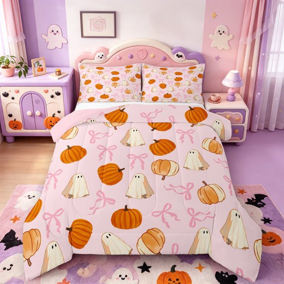 Manfei Harvest Pumpkin Print Halloween King Size Comforter Sets,Cute Pink Bow Comforters King Size,Pink Reversible,3pcs,1 Comforter and 2 Pillowcases