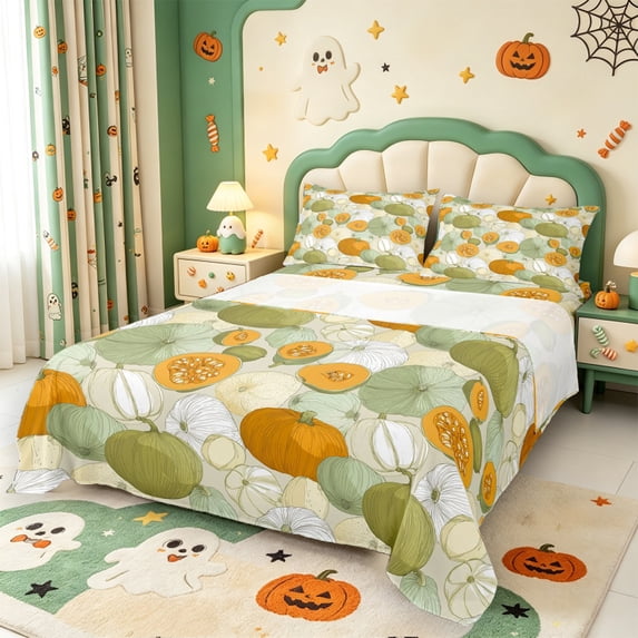 Manfei Harvest Pumpkin Print King Sheets,Watercolor Pumpkin Print Bedding,4-Piece,1 Flat Sheet,1 Fitted Sheet and 2 Pillowcases