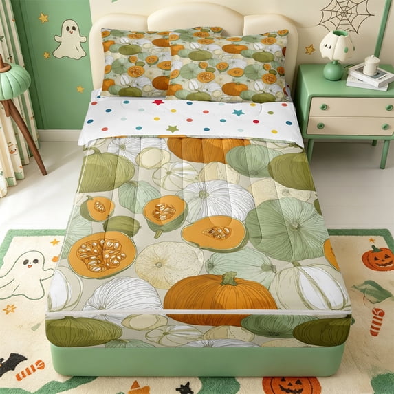 Manfei Harvest Pumpkin Print Zipper Twin Comforter Sets with Fitted Sheet and 2 Pillowcases,Watercolor Pumpkin Print Zipper Bedding Set,Polkadot Reversible,4-Piece