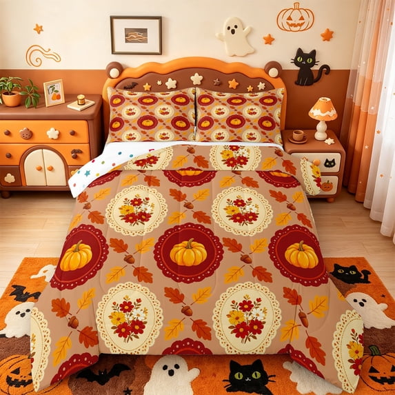 Manfei Harvest Season Full Size Comforter Sets,Orange Pumpkin Maple Leaf Bedding Comforter Set,Polkadot Reversible,3 Pieces,1 Comforter and 2 Pillowcases