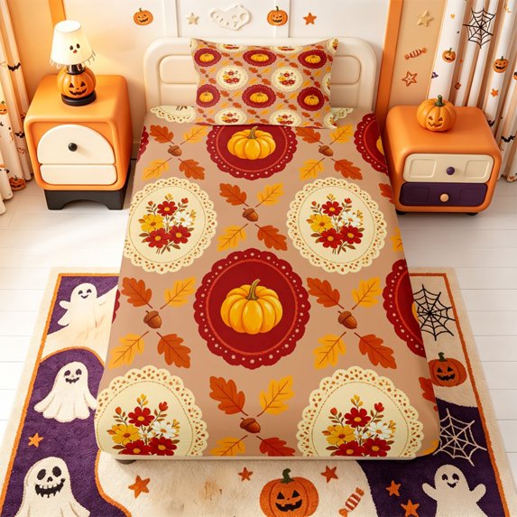 Manfei Harvest Season Twin Fitted Sheet,Orange Pumpkin Maple Leaf Bedding,2 Pieces,1 Fitted Sheet and 1 Pillowcase