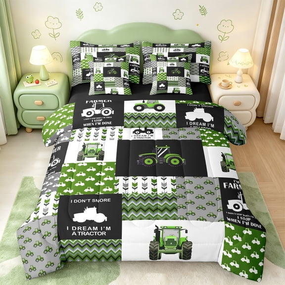 Manfei Harvester Excavator 7-Piece Bedding Comforter Set,Geometric Waves Striped King Bedding Sets,Green Patchwork Grid Bed Sheets For Kids,Ultra Soft Home Decor Reversible